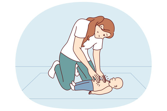 Woman doing CPR massage to infant providing first aid for heart attack. Girl with newborn mannequin learns to do CPR course wishing to become professional pediatrician or nurse in children hospital