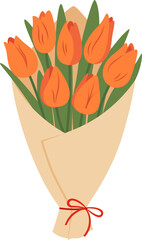 A bouquet of orange tulips wrapped in craft paper with a red ribbon. Spring floral composition with beautiful flowers for Mother&rsquo;s Day, King&rsquo;s Day or National Tulip Day. Vector illustration.