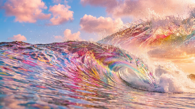 Iridescent rainbow ocean wave curling under pastel pink clouds with golden sunlight and sparkling spray creating a dreamy magical seascape