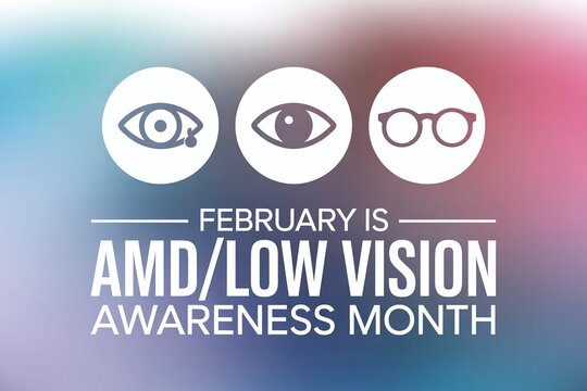 AMD And Low Vision Awareness Month Graphic Featuring Eye And Glasses Icons Over Vibrant Blurred Purple And Blue Gradient Background