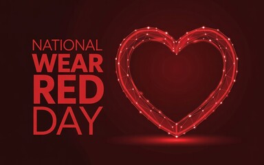National Wear Red Day Digital Heart Awareness Poster, Abstract Glowing Wireframe Heart Background for Cardiac Health Campaign