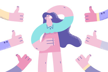 Diverse people show thumbs up to glamorous woman