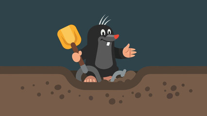 Cheerful cartoon mole with a shovel emerging from its freshly dug burrow © matahari