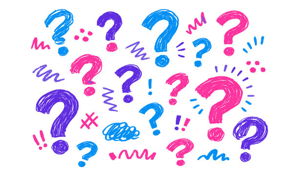 Hand-drawn question marks in bright blue, pink, and purple scattered across white background