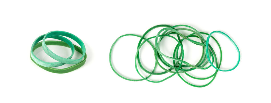 Rubber band isolated. Elastic rubberband bracelets pile, plastic flexibility circles