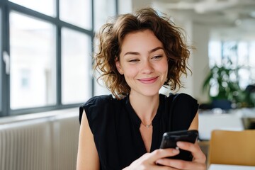 Smile, entrepreneur or woman with phone in startup for email in office for networking on social media app. Happy, internet and consultant texting on mobile for research and online news on website