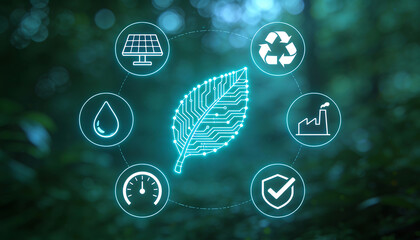 Obraz premium digital environmental technology and green energy concept with glowing neon leaf circuit icon surrounded by solar panel recycling water drop and factory symbols in nature