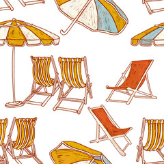 Seaside vacation. Striped beach furniture. Beach chairs and umbrellas. Relaxing by the pool. Isolated cartoon retro pattern on a white background.