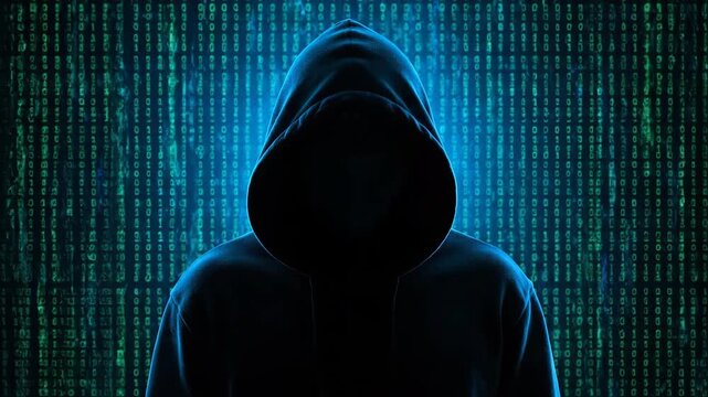 Dark silhouette figure in a hooded sweatshirt stands against a glowing blue digital matrix background representing code and data.