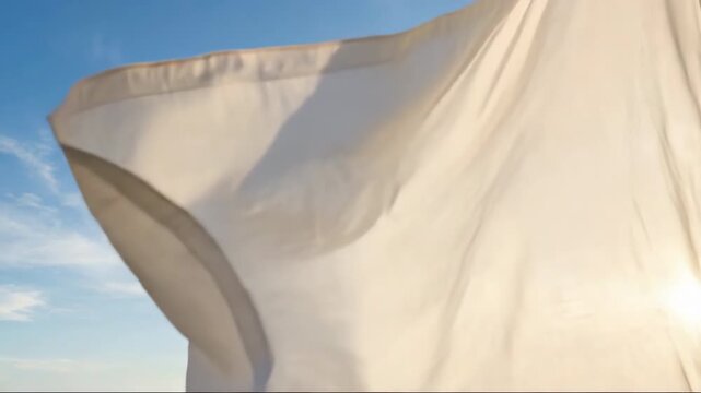 Peaceful white linen fabric fluttering in wind with bright cinematic lighting
