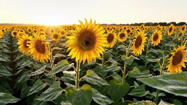 bright yellow blossoms sway in morning light, serene rural landscape with sunflowers and distant horizon line, golden hour enhances peaceful scene of sunflower field with textured central