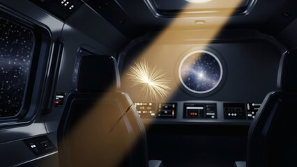 The interior of a spaceship with a view of the stars and a bright light shining through the window.
