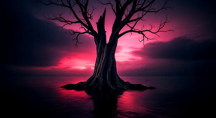 Dark leafless tree silhouette against pink sunset over calm water in a surreal landscape with dramatic storm clouds.
