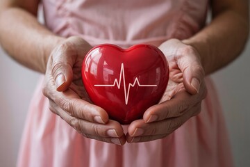Woman Hands Holding Red Heart with Heartbeat Pulse Line for American Heart Month Healthcare Awareness Charity and Medical Wellness Concepts in February