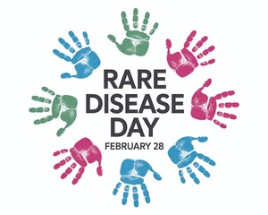 Fototapeta premium Global Rare Disease Day Awareness Banner with Colorful Handprints for February 28 Support Campaigns Inclusion and Medical Patient Advocacy Groups