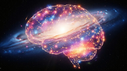 A vibrant, glowing brain surrounded by a stunning galaxy with stars and planets in space.