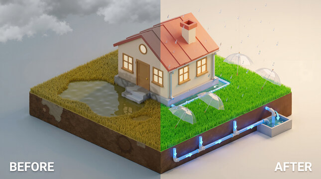 Backyard drainage system comparison. Swampy flooded yard before vs French drain and underground pipe installation after for rainwater management