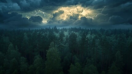 Dramatic lightning storm over dark forest with towering trees