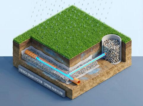 3D cutaway illustration of a French drain system during spring rain, showing perforated pipe, gravel layers, and water flow for effective yard drainage and foundation protection.
