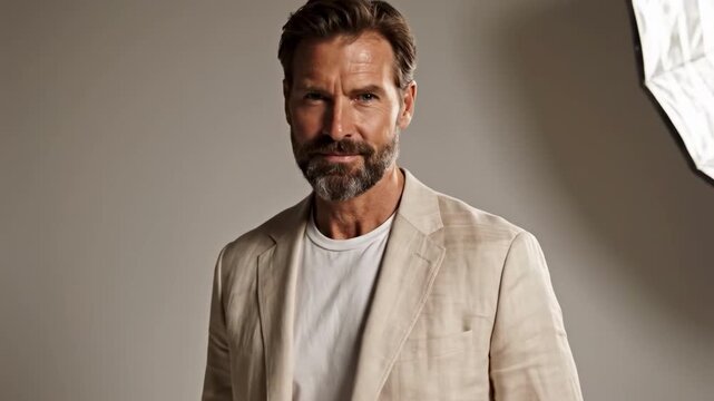 Man in beige blazer and white shirt posing indoors with softbox