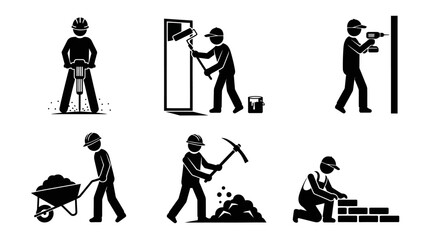 Set of black and white pictograms illustrating diverse manual labor and construction tasks, showcasing workers engaged in demolition, painting, drilling, material transport,