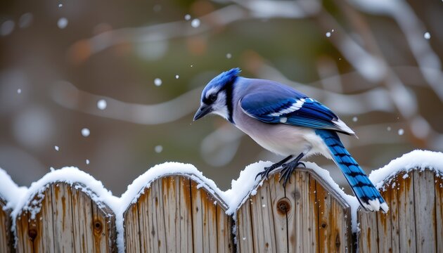 Blue jay on a snow coated ceda