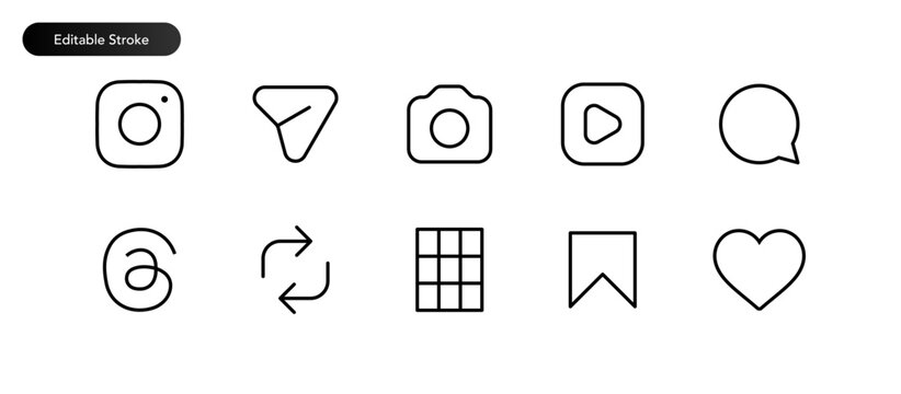 Instagram line icon set featuring social media symbols including camera, reels, photo grid symbols. social media notification icons ; like, comment, repost, share, save, UI icons. instagram logo