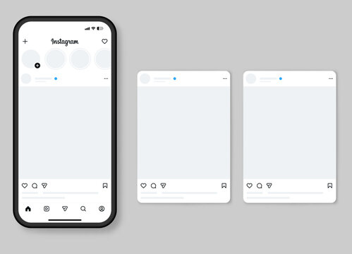 instagram post mockup vector. social media instagram carousel post template photos frame, instagram feed web post mock up. mobile app interface template on social network. instagram notification icons