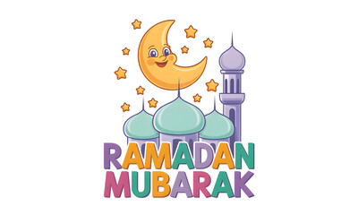 Fototapeta premium A colorful illustration of a mosque with a smiling crescent moon and stars, celebrating Ramadan Mubarak on transparent background