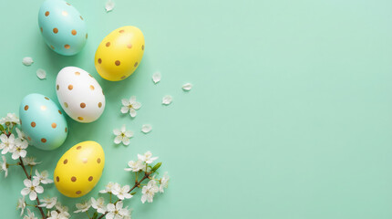 Pastel polka dot Easter eggs arranged with white cherry blossoms on mint green background evoke playful cheerful spring celebration