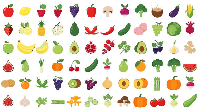 A vast collection of vibrant flat design fruit and vegetable icons, showcasing a healthy and diverse array of fresh produce perfect for various nutritional and culinary projects