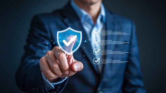 Professional Businessman Pointing at Digital Security Shield Icon with Verified Secure Protected and Approved Checklist for Cyber Data Safety