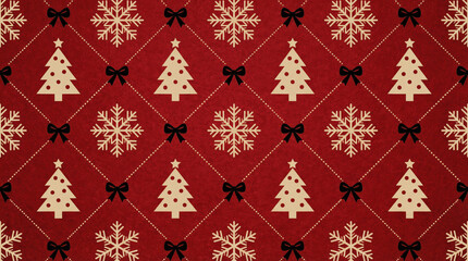 Red Christmas pattern featuring cream stylized fir trees snowflakes dotted diagonal lines and black bows conveying festive warmth