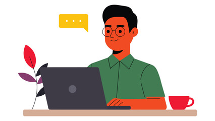 Man working on laptop illustration in flat style showing online communication, remote work, customer support and digital workspace concept