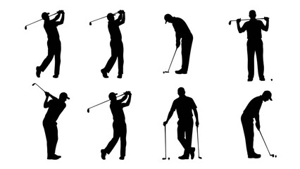 Vectorized collection of golf player silhouettes in diverse action shots, showcasing the athletic spirit and grace of the sport, ideal for design elements and sporting event promotions