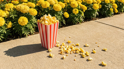 Red and white striped popcorn container spilling buttery popcorn across a sunlit concrete sidewalk beside bright yellow marigold blooms evoking playful summer nostalgia