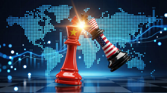 Red chess piece bearing a yellow star colliding with an American flag patterned black on a digital world map conveying dramatic geopolitical tension and strategy - Powered by Adobe