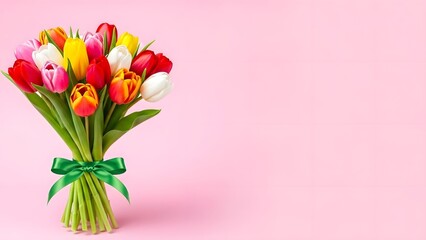 Obraz premium Vibrant bouquet of tulips tied with green ribbon flowers Happy valentines day