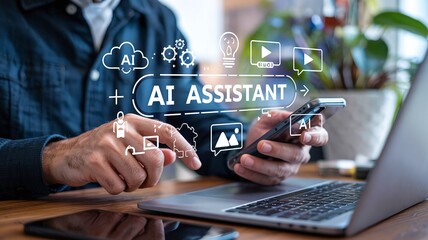 Modern businessman using smartphone and laptop with glowing AI Assistant holographic interface representing smart automation and digital workspace efficiency