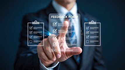 Professional businessman touching a digital holographic feedback form icon on a virtual screen representing customer satisfaction and survey data analysis