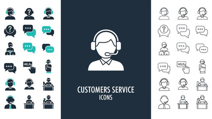 Customer service and support icons for user assistance and communication on a dark background