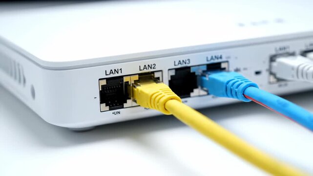 Closeup of a white network router with yellow blue and white ethernet cables connected to LAN ports.