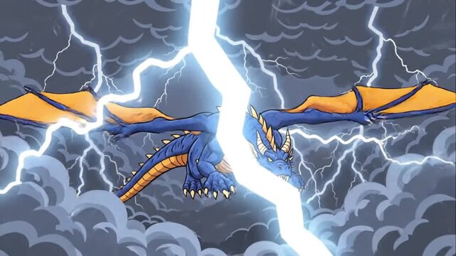 Cartoon Blue Dragon Flying Through Storm With Lightning