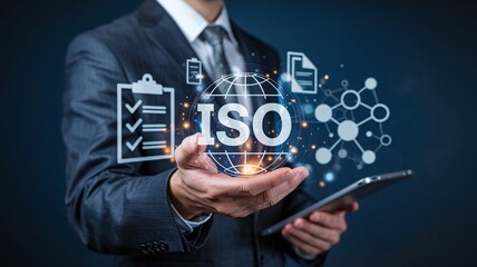 Professional businessman holding a glowing digital ISO certification globe icon with checklist representing international quality standards and compliance management