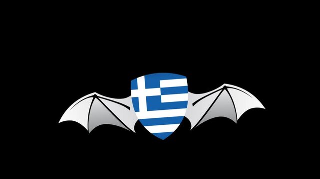 Loop Animation of Greece a flag icon with shield shape flying like a bat
