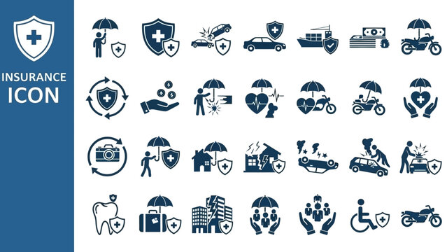 Comprehensive collection of modern vector insurance icons, illustrating various aspects of protection including health, property, automotive, life, and travel coverage, 