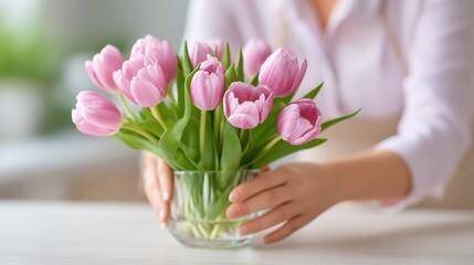 Beautiful bouquet of pink tulips being arranged in a clear glass vase on a wooden table, showcasing vibrant colors and fresh floral aesthetics in a bright indoor setting