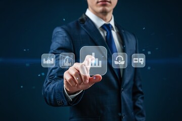Professional businessman touching a glowing digital padlock icon representing cybersecurity data protection and secure financial growth strategy