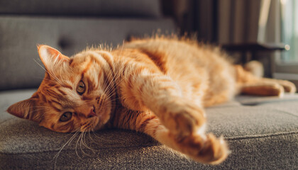 Ginger cat stretches out his paw