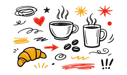 Hand-drawn coffee break elements with croissant and steaming cups on white background